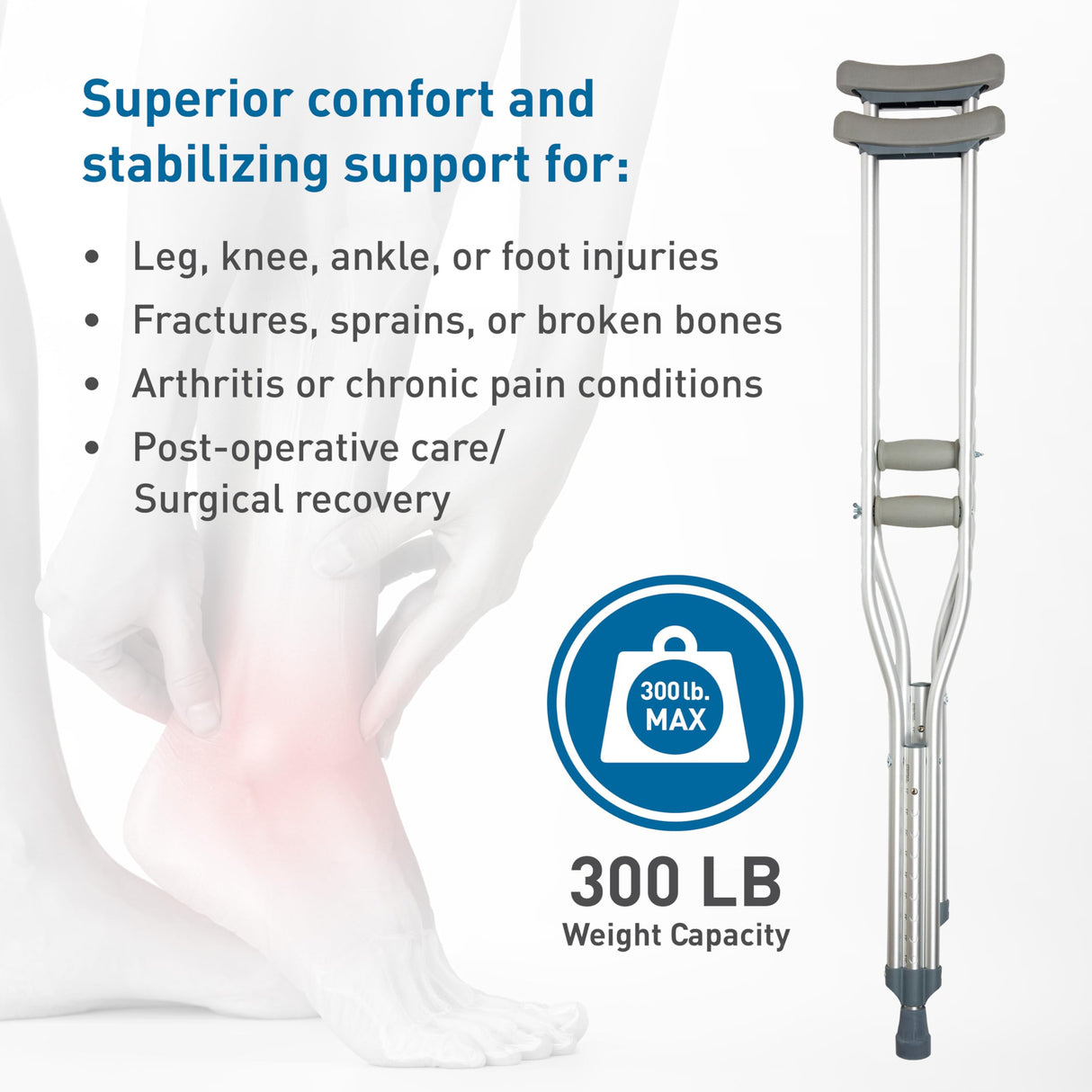 BodyMed Aluminum Crutches, Children, Small, 4' 6"–5' 2" – Pair of Lightweight, Height Adjustable Crutches – Includes Padded Underarm Cushions, Hand Grips, & Rubber Tips – Max. Weight Capacity 300 lb.
