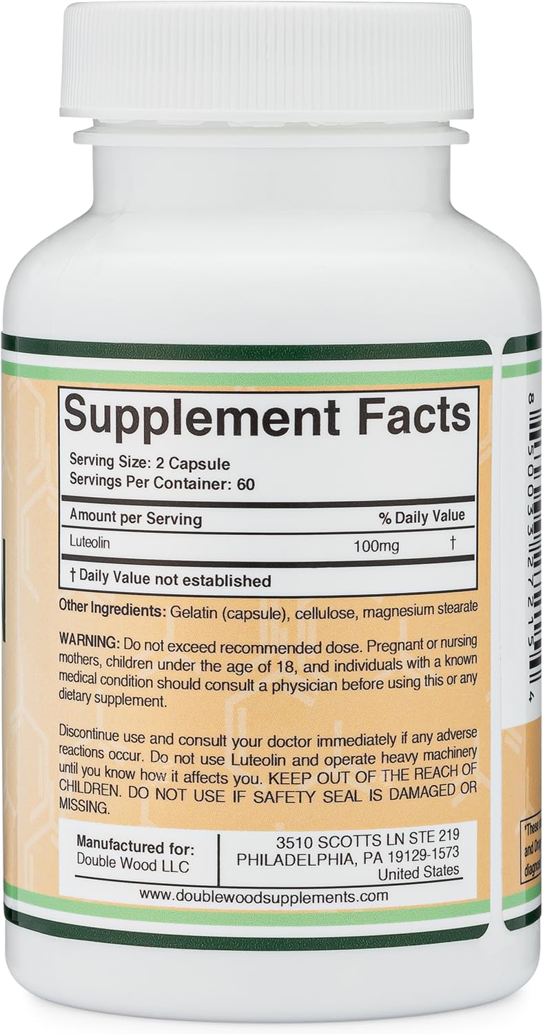 Double Wood Supplements Luteolin Supplement 100mg Servings of Bioactive Flavanoids (120 Capsules, Gluten Free) Potent Polyphenols Flavonoid for Brain and Cardiovascular Support