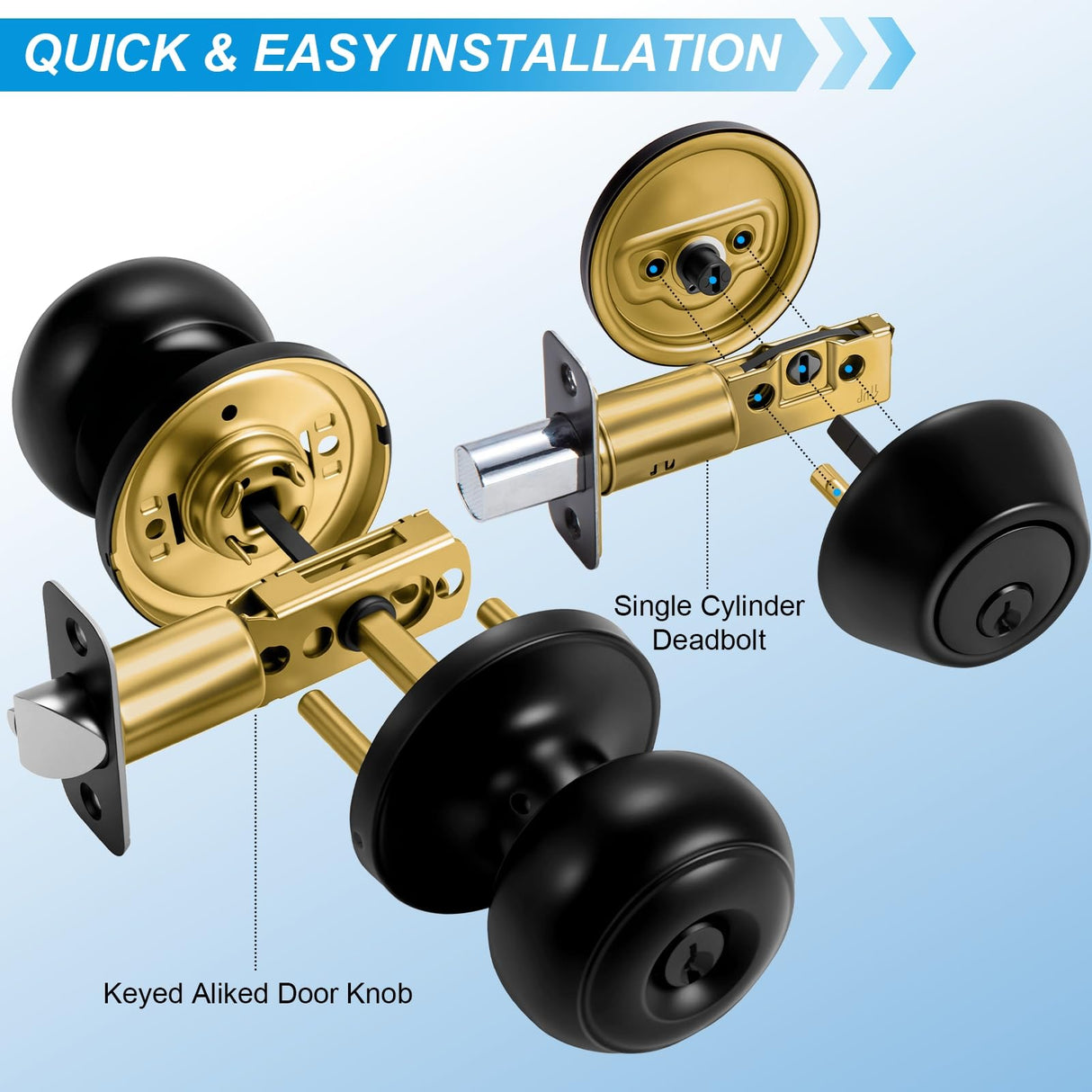 Plustool 2 Pack Front Door Lock Set Matte Black,Exterior Door Lock Set with Deadbolt,Single Cylinder Deadbolt Lock and Door Knob Set,Keyed Alike Door Knobs with Lock&Keys,Round Ball Entry Door Lockset