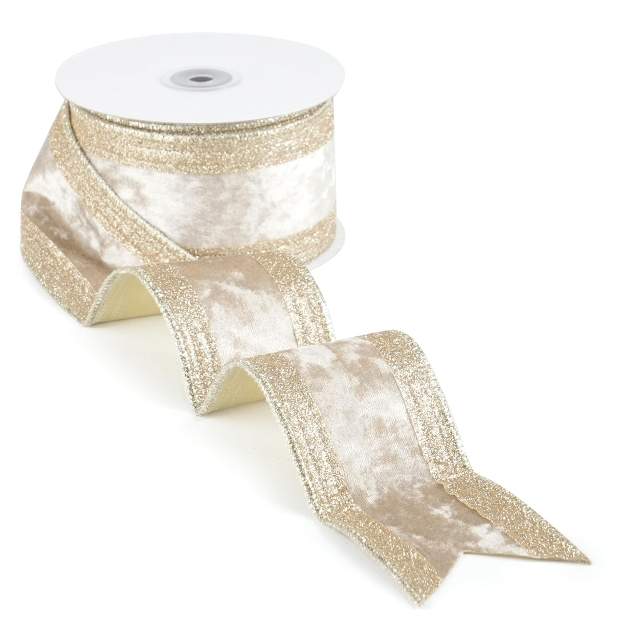 LIZLOVESS Champagne Gold Velvet Wired Ribbon 2.5" X 10 Yards with Glitter Border Stripe Christmas Ribbon for Tree, Wreath Supplies, Garlands Making