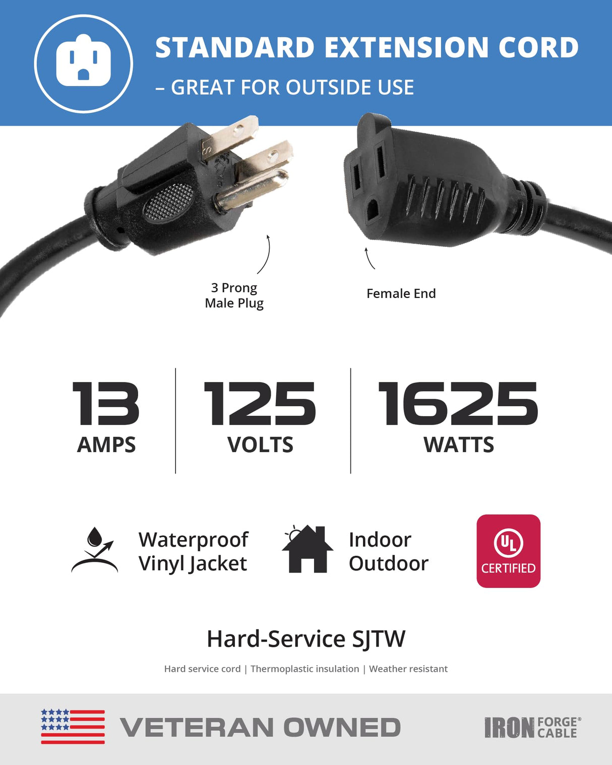 Iron Forge Cable Black Outdoor Extension Cord 50 ft, 16/3, 50 Foot Outdoor Extension Cord, 3 Prong, Weatherproof - Great for Outside Use