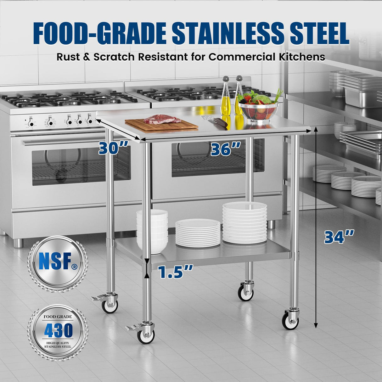 Chingoo Stainless Steel Work Table with Wheels, 30x36 Inch NSF Food Prep Table with Backsplash & Adjustable Undershelf for Kitchen, Restaurant, Garage