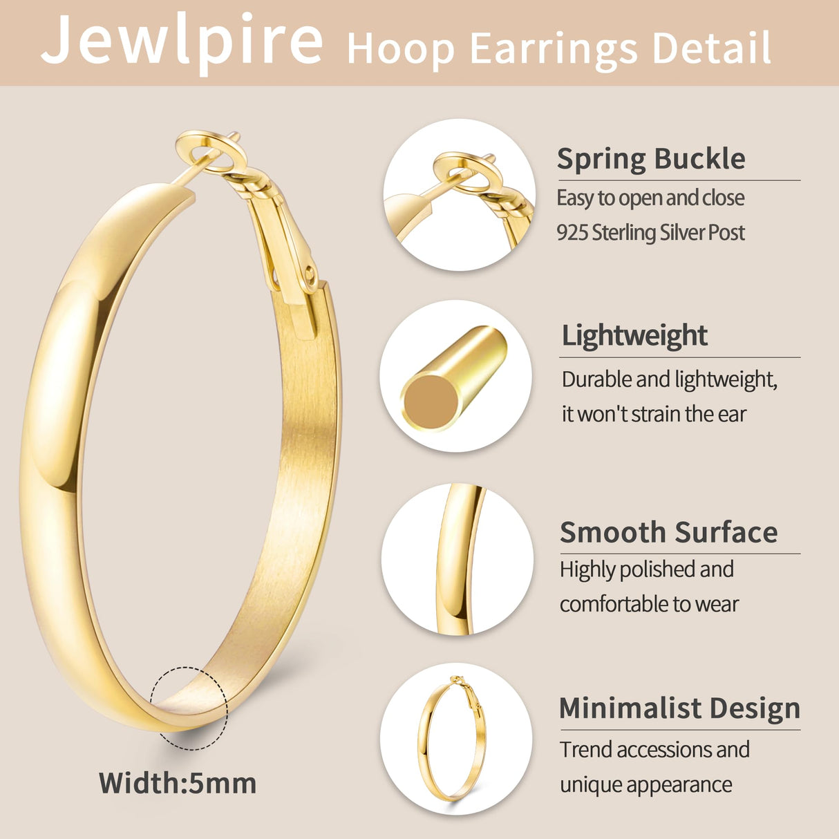 Jewlpire 14K Gold Plated Hoop Earrings for Women, Lightweight 14K Gold Plated Hoops Earring, 5mm Width Medium Hoops Earrings for Women Trendy 40 mm