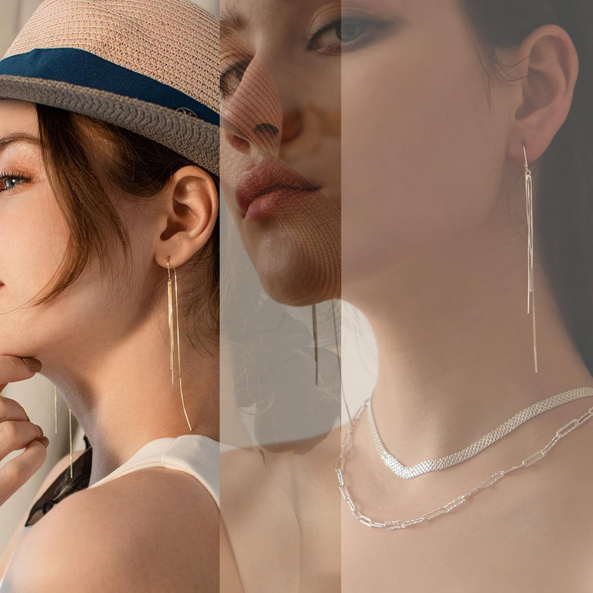Ckeureri Threader Dangle Earrings for Women Dazzling Tassel Long chain Drop Earrings for Your Wedding and Prom(Gold Silver 2 Pair Pack)