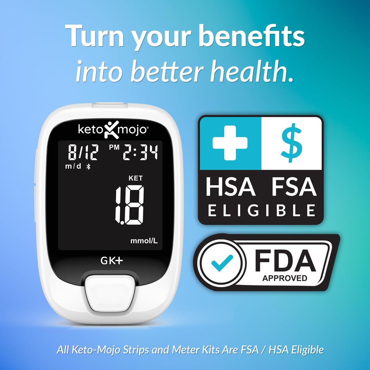 KETO-MOJO GK+ Bluetooth Glucose & Ketone Testing Kit + Free APP for Ketosis & Diabetes Support. 20 Blood Test Strips (10 Each), Meter, 20 Lancets, Lancing Device, and Control Solutions