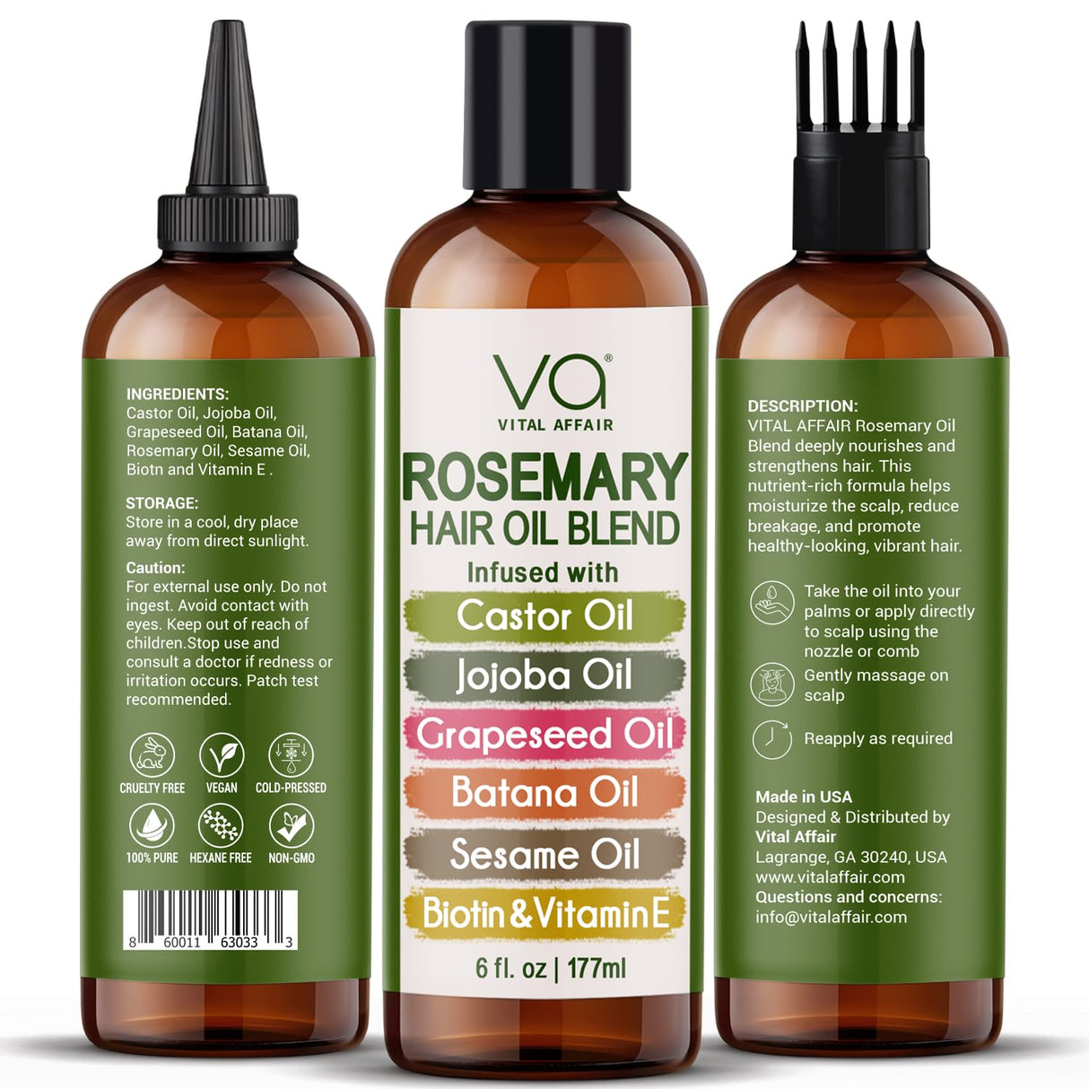VITAL AFFAIR Blend Of Pure Rosemary Oil With Castor, Batana, Jojoba Oil - Infused With Biotin & Vitamin E-Blend of Effective Hair Oils for Hair Growth-Strengthening Treatment 6 Fl Oz