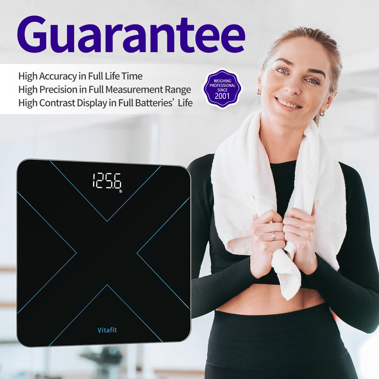 Vitafit Digital Bathroom Scale for Body Weight, Weight Scale Professional Factory Since 2001, White LED and Step-On, 3*AAA Batteries Included, 400lb/182kg, Black