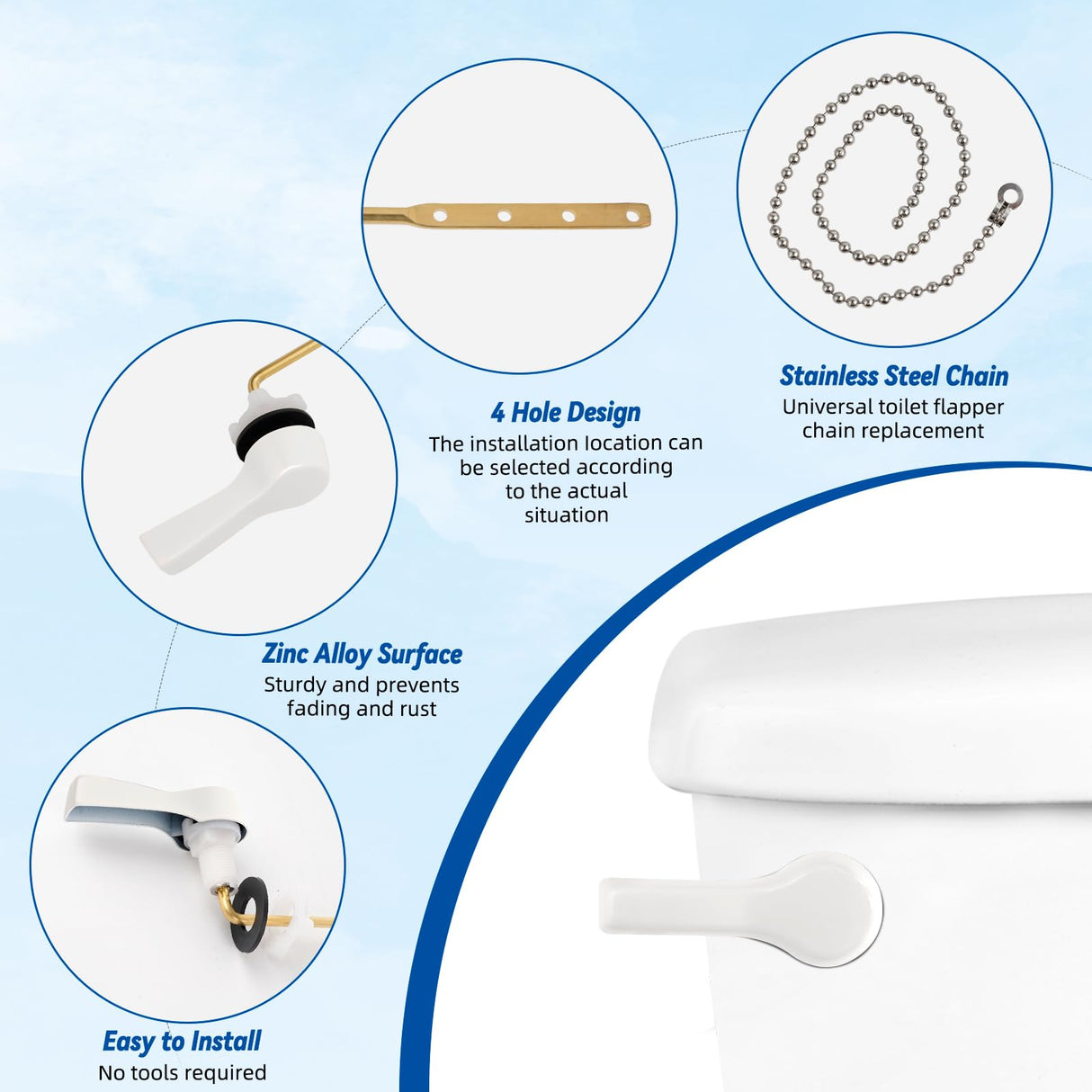 Hibbent Universal Front Mount Metal Toilet Handle Replacement Kit, Brass Toilet Tank Flush Lever with Stainless Steel Adjustable Flapper Chains for Most Toilets, White
