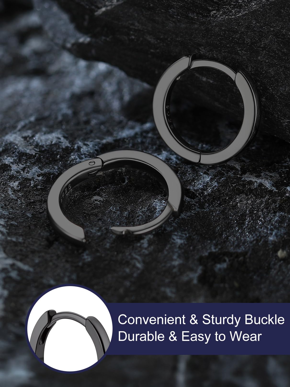 Bandmax Mens Black Small Huggie Hoop Earrings 925 Sterling Silver 10mm Round Huggy Ear Hoops Aretes Negros para Hombre Silver Ears Jewelry Gift for Women Men