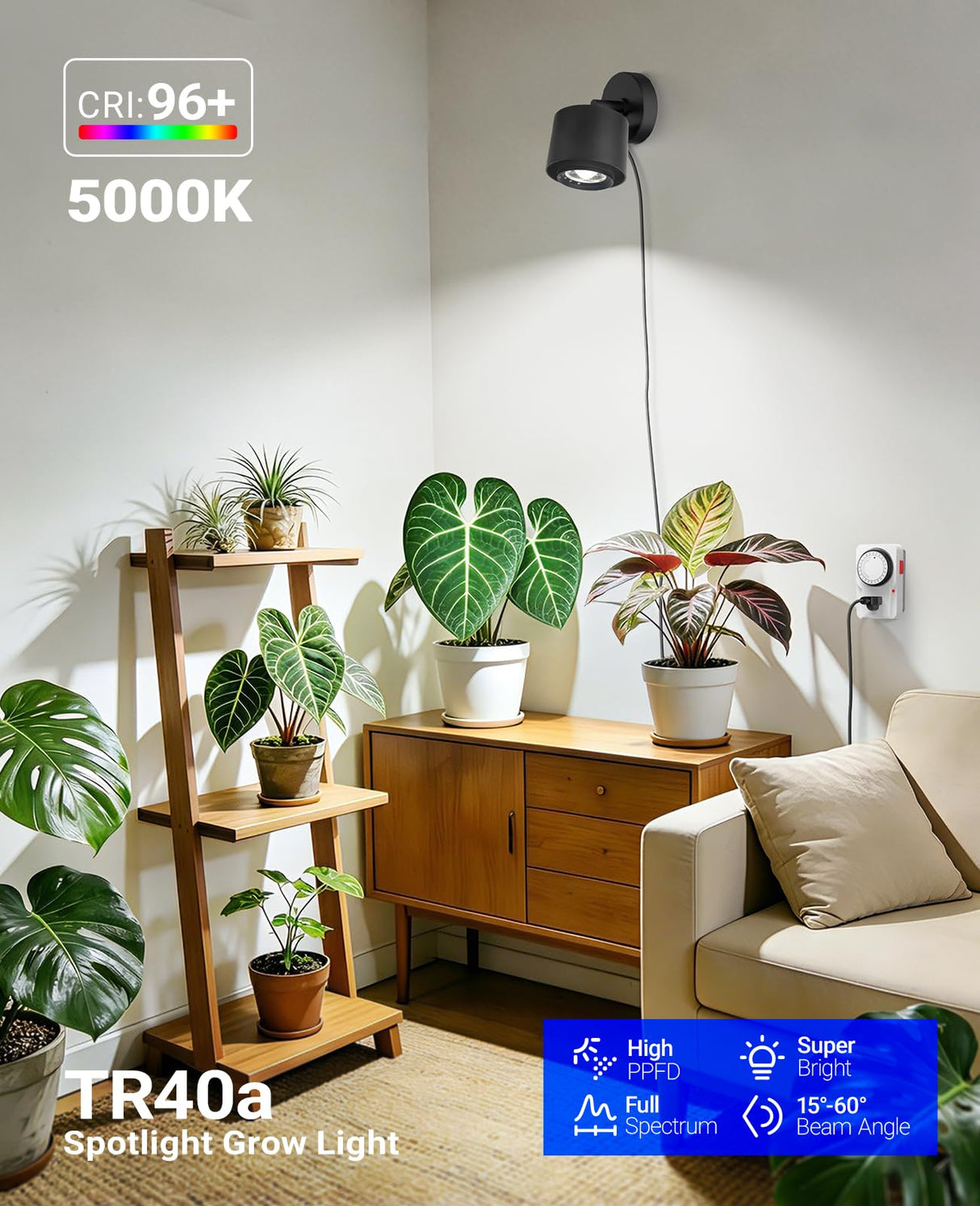 Barrina TR40a Track Plant Lights for Indoor Growing, 40W Ceiling Grow Lights with Adjustable Beam Angle (15°-60°), 5000K Full Spectrum Wall Plant Light with Timer for Greenhouse, Black Cover