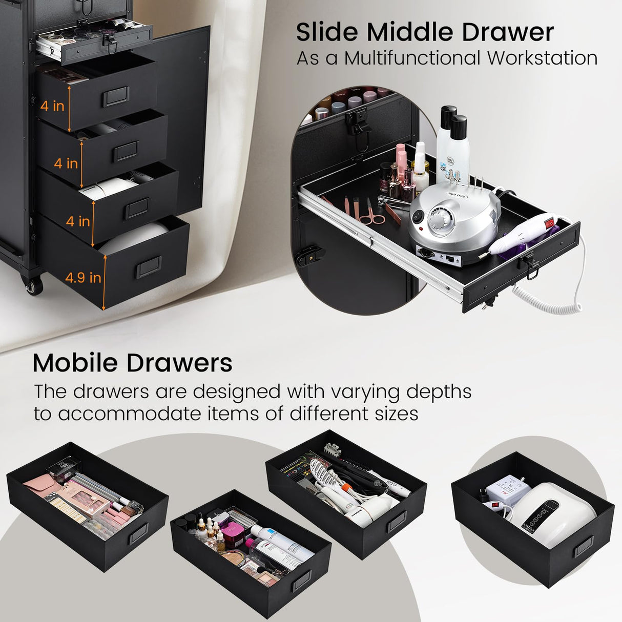 Joligrace Rolling Manicure Table 5 Drawers Makeup Case Foldable Nail Desk Cosmetology Case on Wheels Nail Tech Table with Brush Pouch for Technician Workstation Mobile Makeup Artist Trolley Black