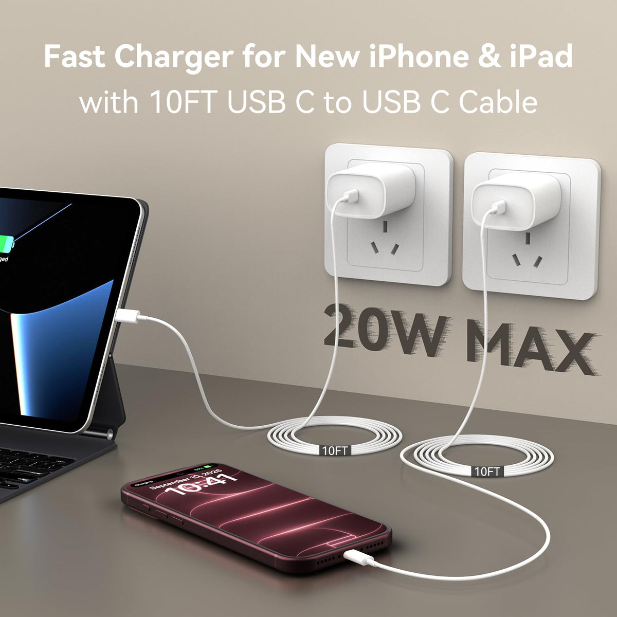 iPhone 18 17 16 15 Pro Max Charger Fast Charging 20W 10 FT Long USB C Cable