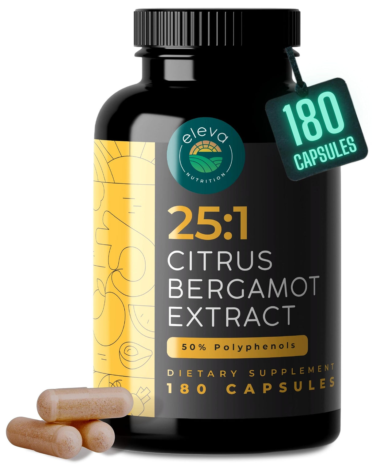Citrus Bergamot Extract 1000mg Capsules — Natural 25:1 Citrus Bergamot Supplement with 50% Polyphenols Extract and Black Pepper — Natural Formula Vegan and Non-GMO — 180 Capsules
