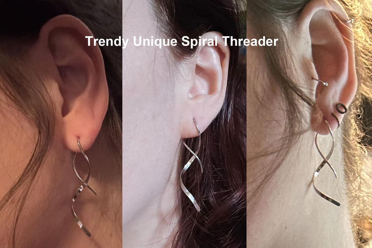 Spiral Threader Earrings, 18G Stainless Steel Drop Dangle Handmade Twisted Linear Curved Dangling Minimal Earrings (SILVER&BLACK&GOLD&RAINBOW&ROSEGOLD)