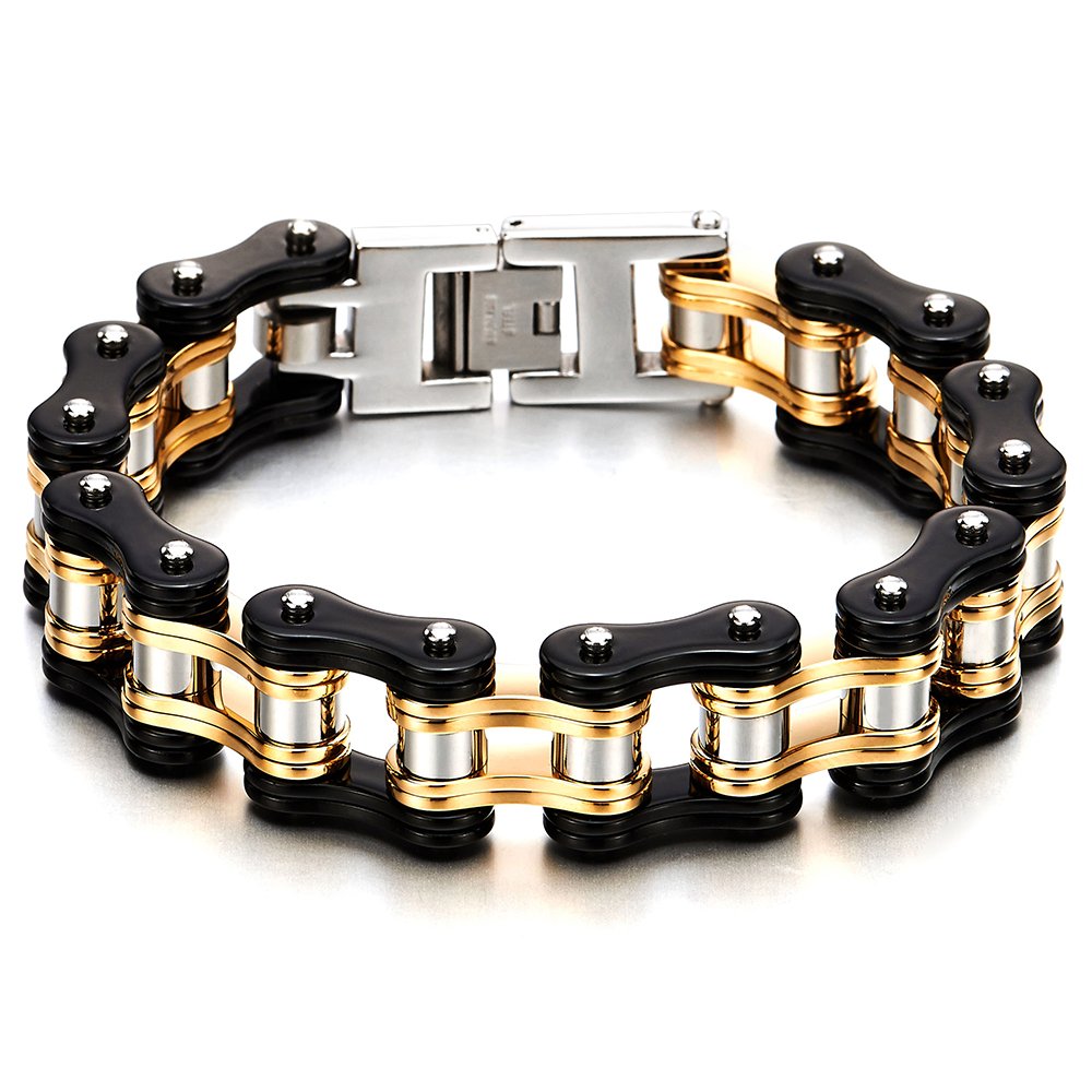 COOLSTEELANDBEYOND Men's Tri-Tone Bike Chain Link Bracelet, Silver Black and Gold, Large Motorcycle Link with Fold Over Clasp, Biker Punk Jewelry Gift