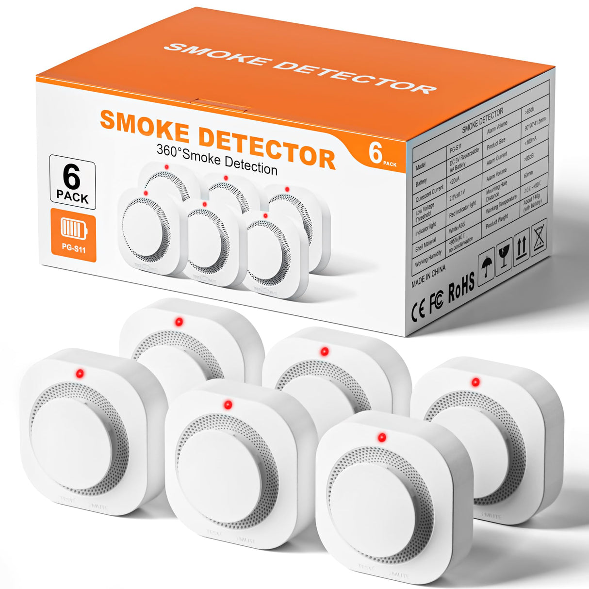 Hilmon Smoke Alarm Fire Detector,Battery Operated Photoelectric Smoke Detector with Test Button and Low Battery Warning, Fire Alarms Smoke Detectors for Home, 6 Pack