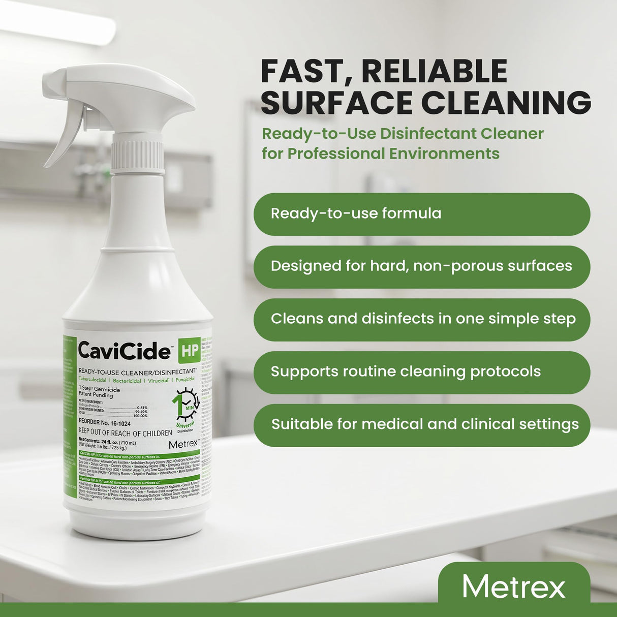 Metrex CaviCide HP Hydrogen Peroxide Disinfectant Spray – Kills Norovirus, MRSA, TB & Flu in 1 Minute – EPA-Registered Hospital-Grade Cleaner for Medical, Dental, Salon & Vet – 24 fl oz, 1 Count