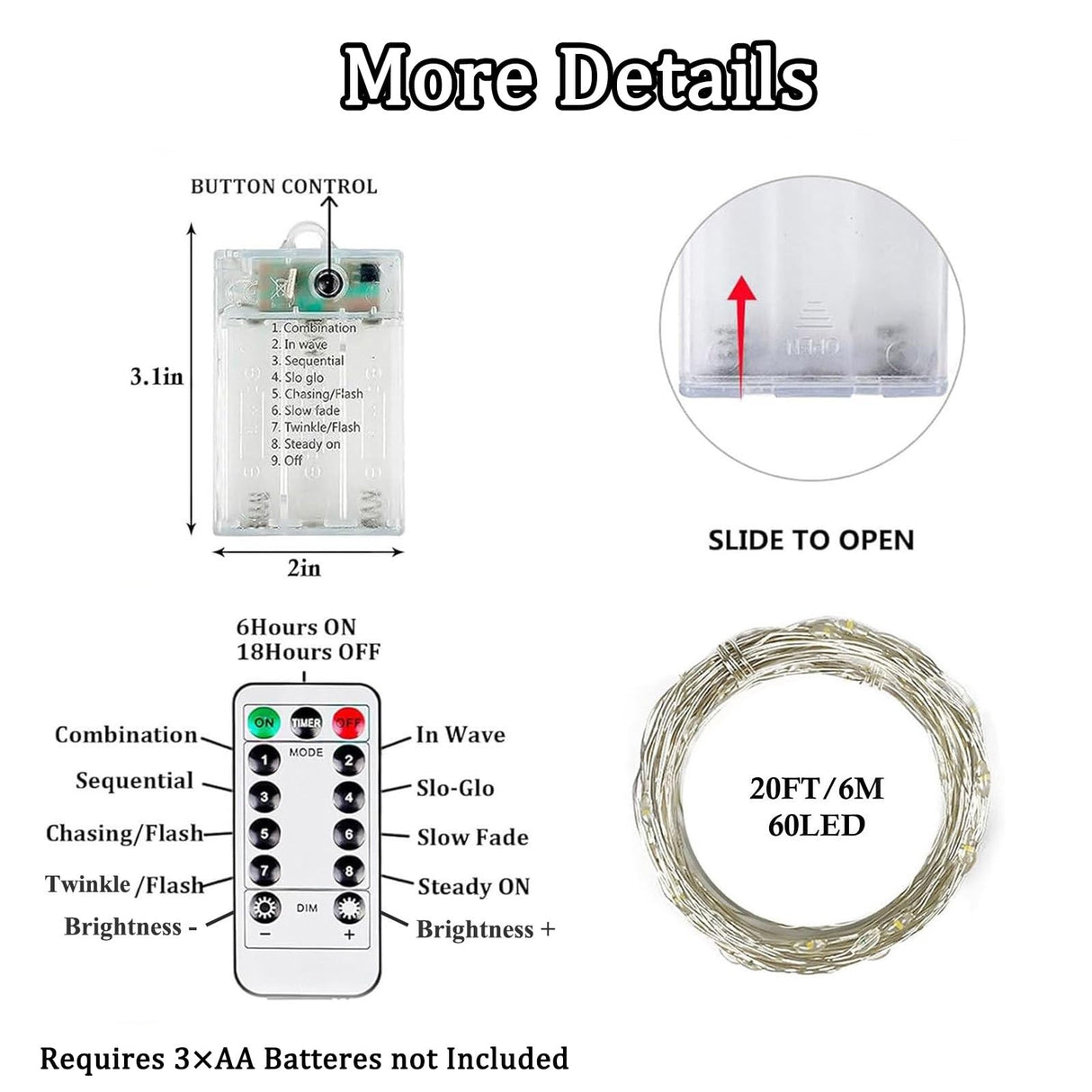 4 Pack White Fairy Lights Battery Operated with Remote, Waterproof 20FT 60LED Cuttable Twinkle Lights with Timer Indoor Outdoor, String Light for Bedroom, Classroom, Wedding, DIY, Christmas Décor