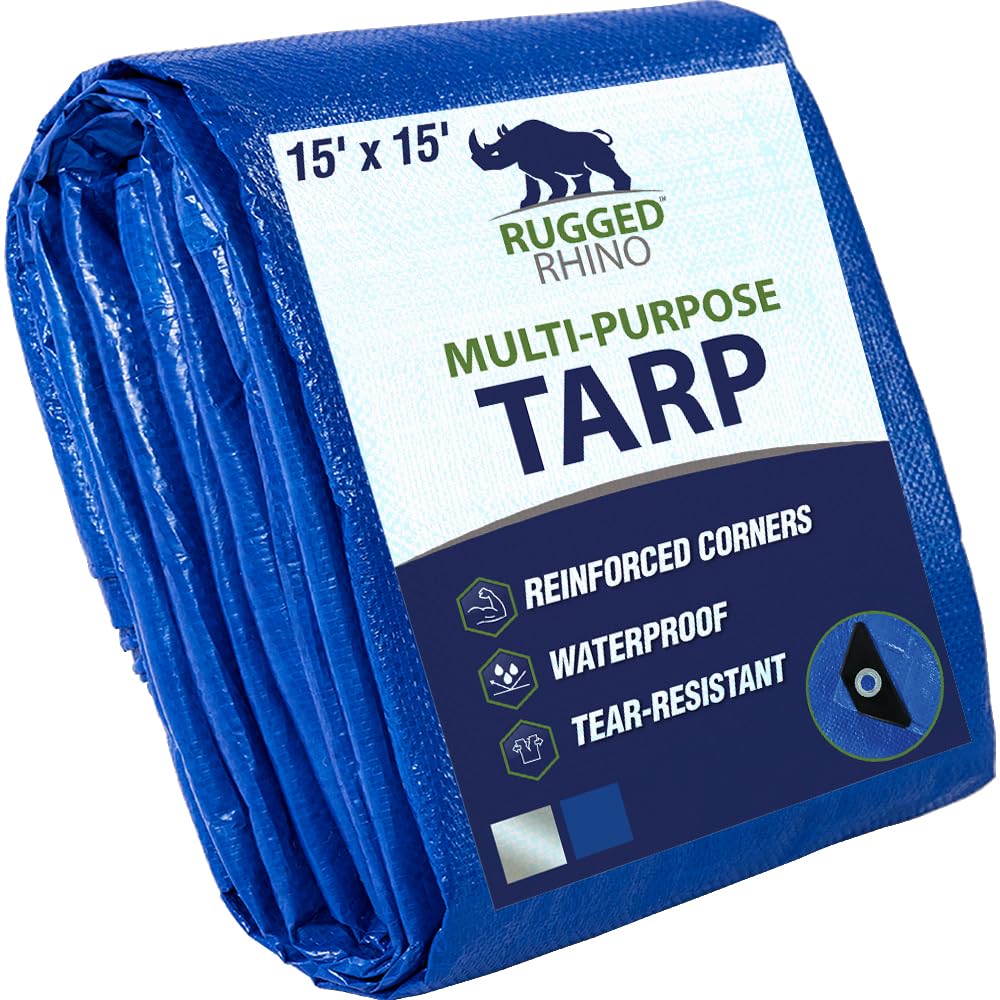 RUGGED RHINO Heavy Duty Waterproof Tarp, 15x15, 2 Pack, UV and Tear Resistant Cover with Reinforced Grommets and Corners, Outdoor Multipurpose Tarps for Camping, Patio, Garden, Car & Roof, 5 Mil, Blue