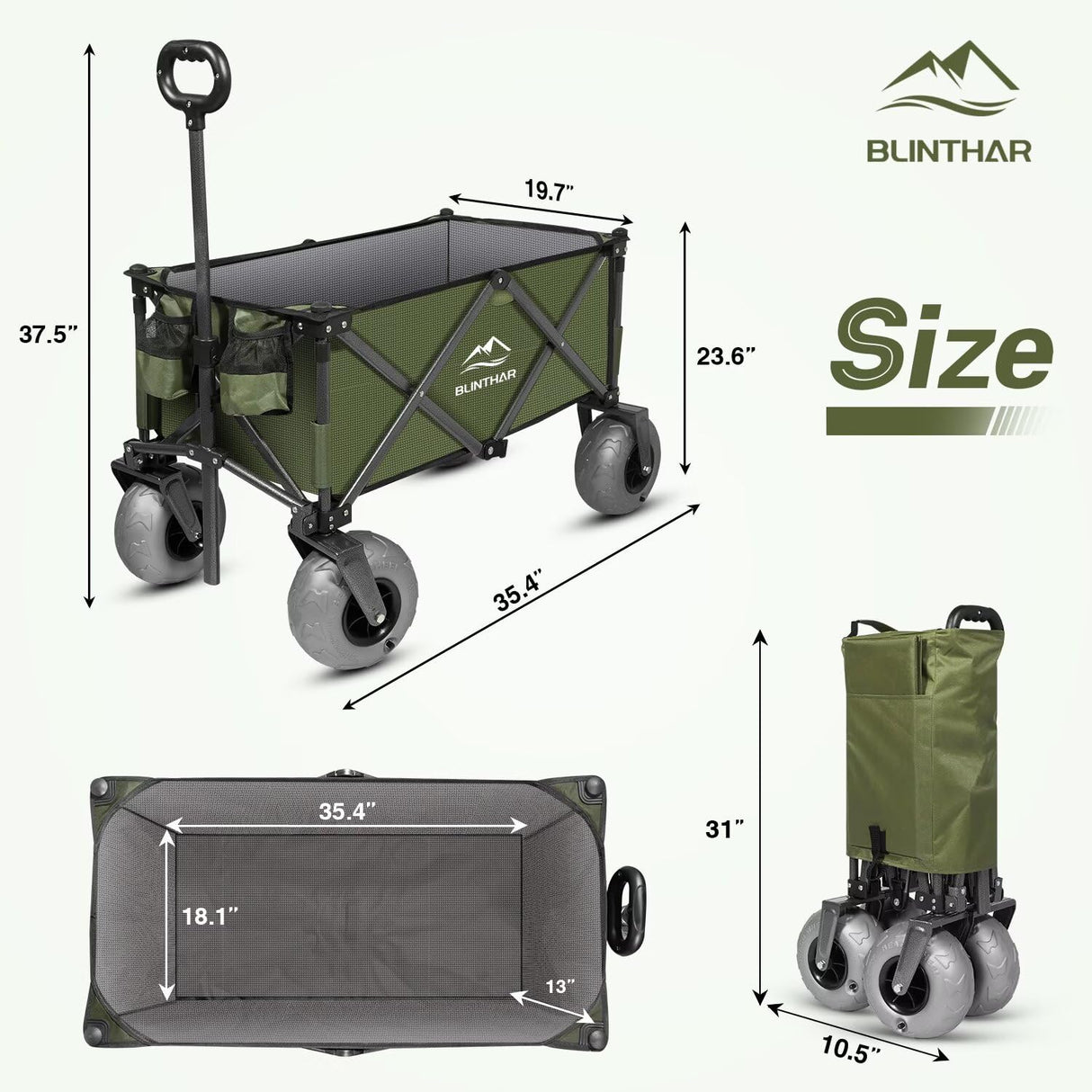 BLINTHAR Beach Wagon with Big Wheels for Sand, Heavy Duty Harder Sand Collapsible Folding Wagon with All-Terrain 9" Pneumatic Ballon Tires, Utility Wagon for Garden Sports Camping Outdoor Activities