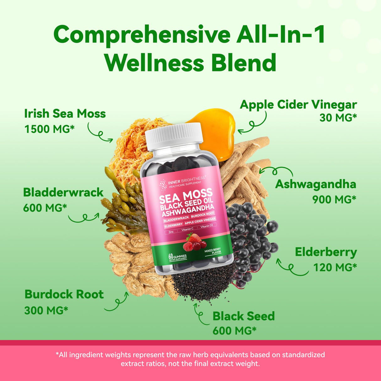 Inner Brightness Sea Moss 4000mg Gummies with Ashwagandha, Elderberry, Apple Cider Vinegar, Bladderwrack, Burdock Root – Immune Support – Mixed Berry Flavor – 60 Count