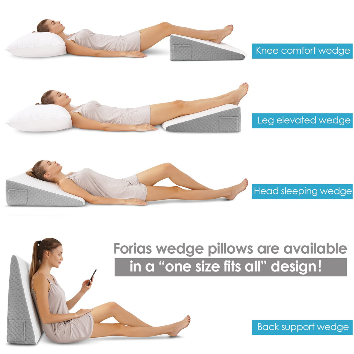 Forias 7.5" Wedge Pillow for Sleeping Bed Wedge Pillow for After Surgery Triangle Elevated Pillow Wedge for Acid Reflux Gerd Snoring Back Pain, Air Layer Removable Machine Wash Cover | Memory Foam Top