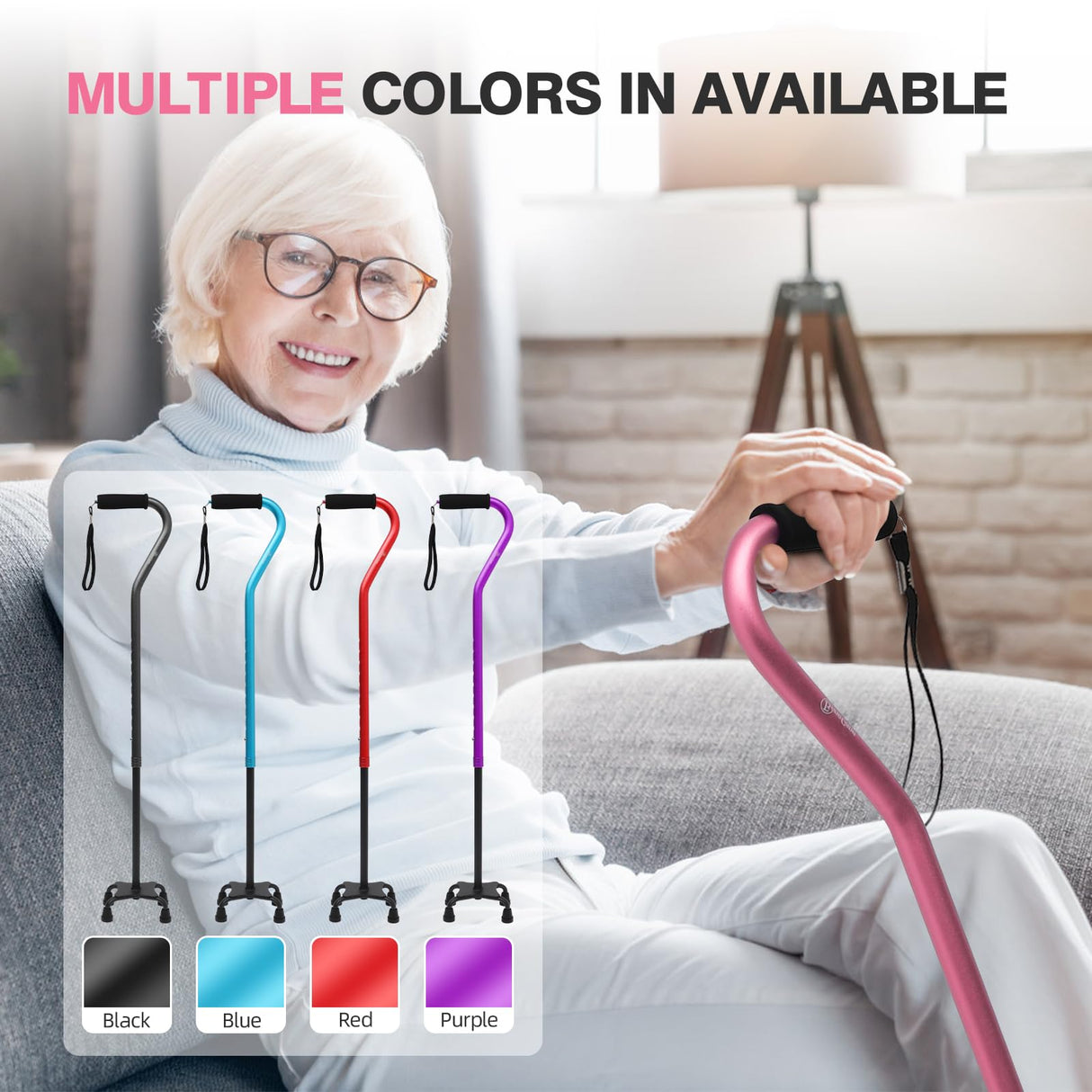 BeneCane Quad Cane Adjustable Walking Cane with Offset Soft Cushioned Handle for Men & Women Lightweight Comfortable with 4-Pronged feet for Extra Stability(Pink)