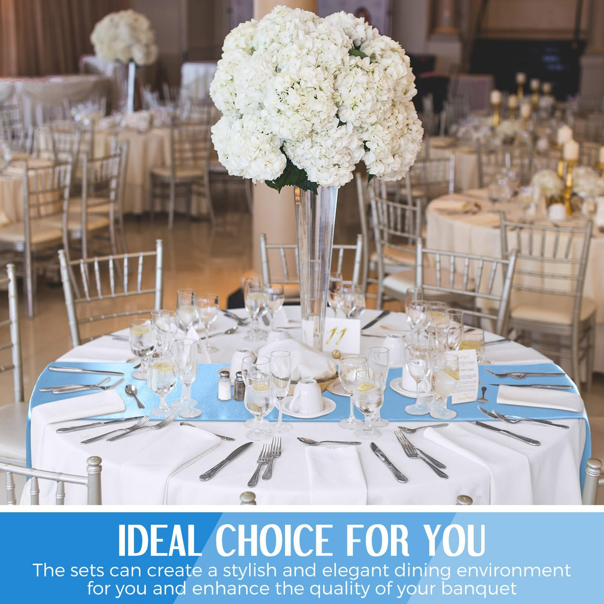 Tudomro 16 Pcs White and Light Blue Round Plastic Tablecloth and Satin Table Runner Set 84 Inch Round Covers 12 x 108 Inch Table Runners for Christmas Wedding Birthday Party Baby Shower