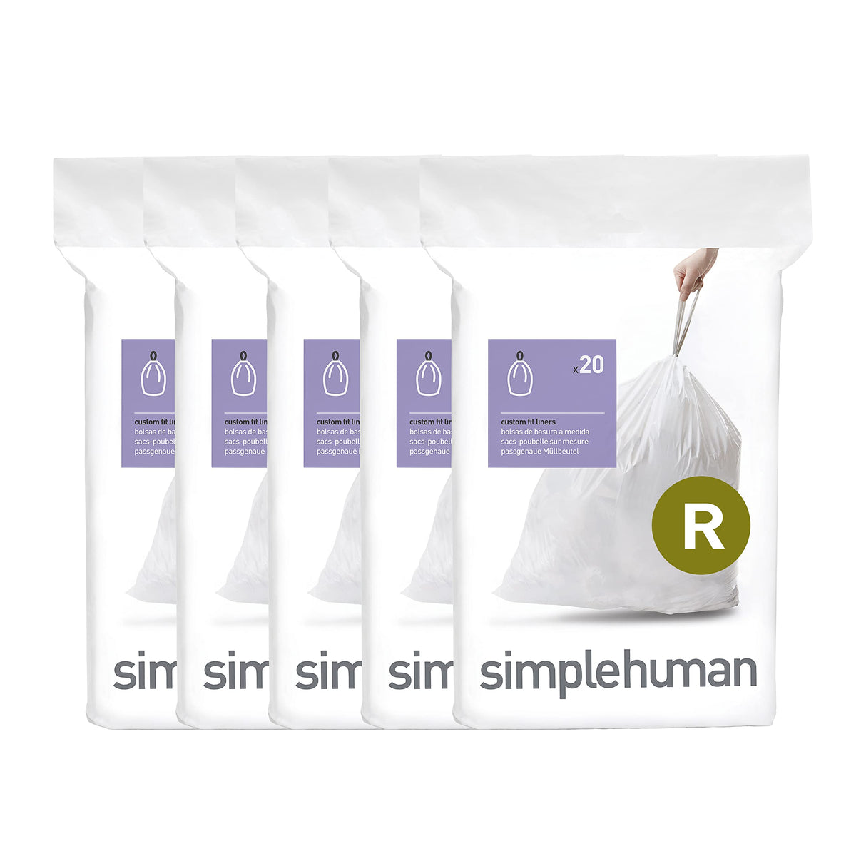 simplehuman Code R 100 Count, Dispenser Pack Custom Fit Liners, Drawstring Trash Bags, 10 Liter / 2.6 Gallon, White