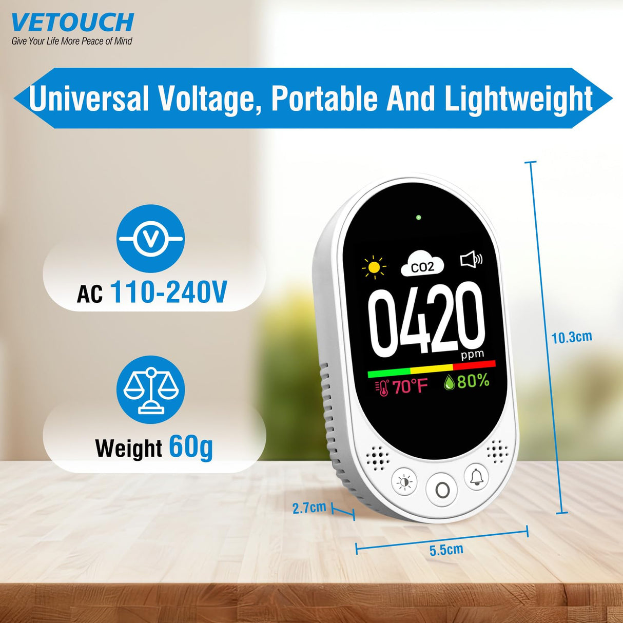 VETOUCH Plug in CO2 Detector Wall, 3-in-1 Air Quality Monitor CO2 Alarm, Digital Display CO2 Monitor, Household Temp Humidity Meter, Real-Time CO2 Level Sensor Alert for Home Office School Garage