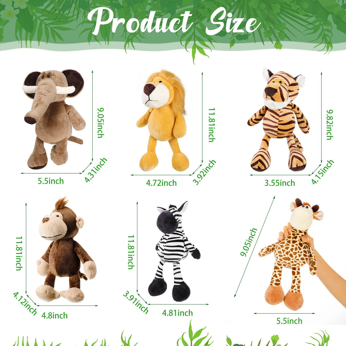 6 Pieces Safari Stuffed Animals Plush Jungle Animal Toys Set for Boys Girls, Lion Elephant Zebra Giraffe Tiger Monkey for Animal Themed Parties Student Award Christmas (Cute Style)