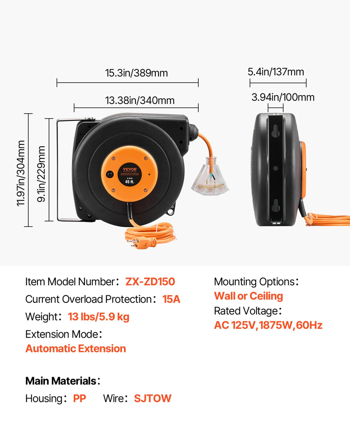 VEVOR Retractable Extension Cord Reel, 45 FT, Heavy Duty 12AWG/3C SJTOW Power Cord, with Lighted Triple Tap Outlet, 15 Amp Circuit Breaker, 180° Swivel Bracket for Ceiling or Wall Mount