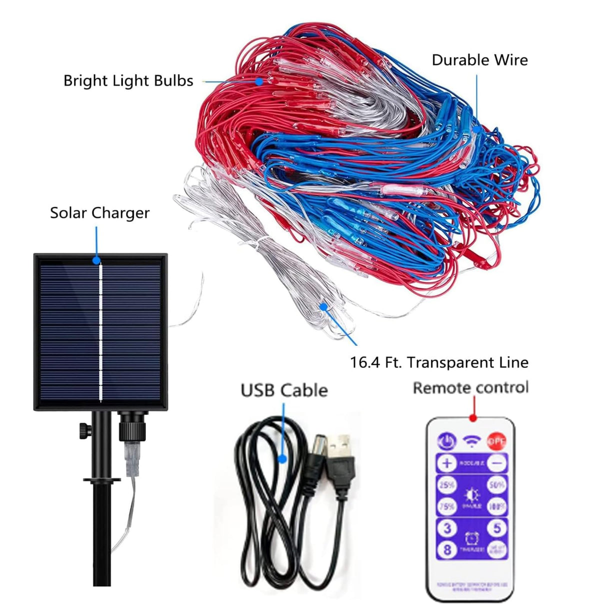 Solar American Flag Lights, 420 LED Waterproof American Flag Net Lights Independence Day Decorations 8 Modes Outdoor String Light for 4th of July Independence Day, Garden, Yard Home Decorations