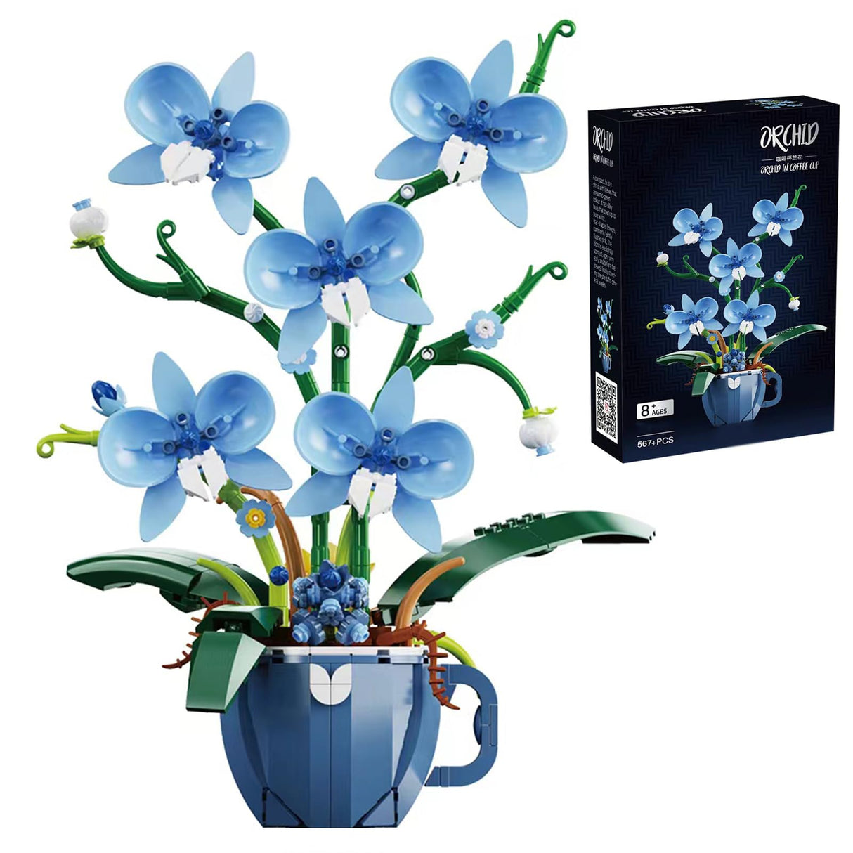 iixeal Blue Orchid Flower Building Set for Adults, Coffee Cup Orchid Botanical Collection Plant Building Kit, Home and Office Decor Gift for Christmas Day, Valentines, Birthday 567pcs
