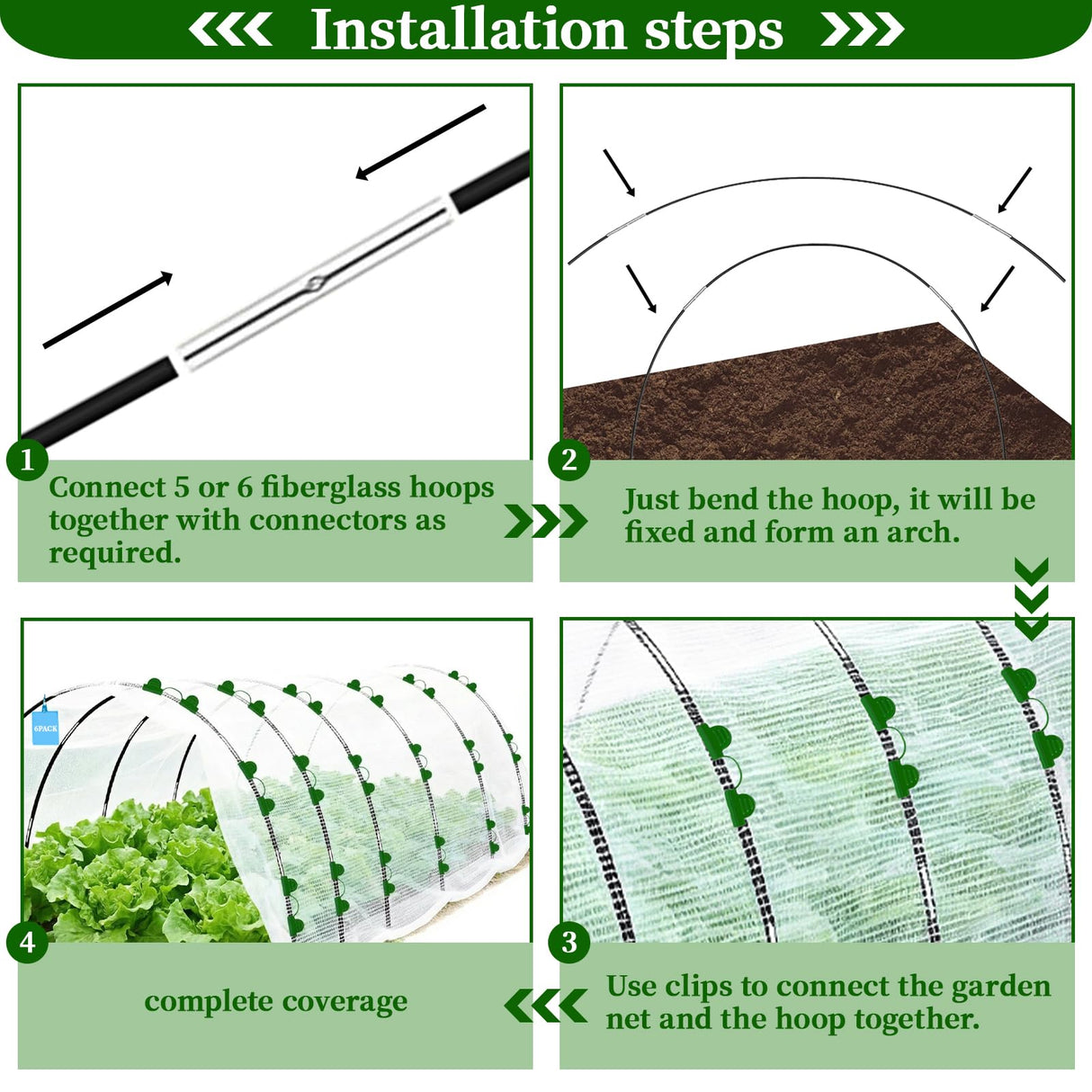 6 Sets of Garden Netting Kit for Raised Beds 10 x 33 FT Strong Mesh Netting