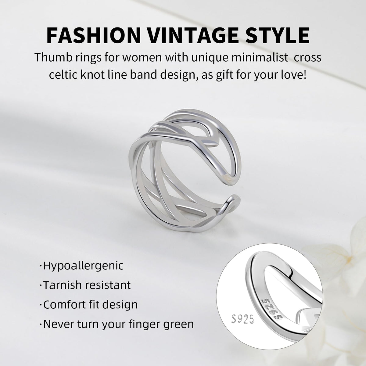YZSFMZGE 925 Sterling Silver Thumb Rings for Women Open Adjustable Knuckle Celtic Knot Rings for Women Dainty Minimalist Cross Line Band Finger Rings Jewelry for Birthday Christmas