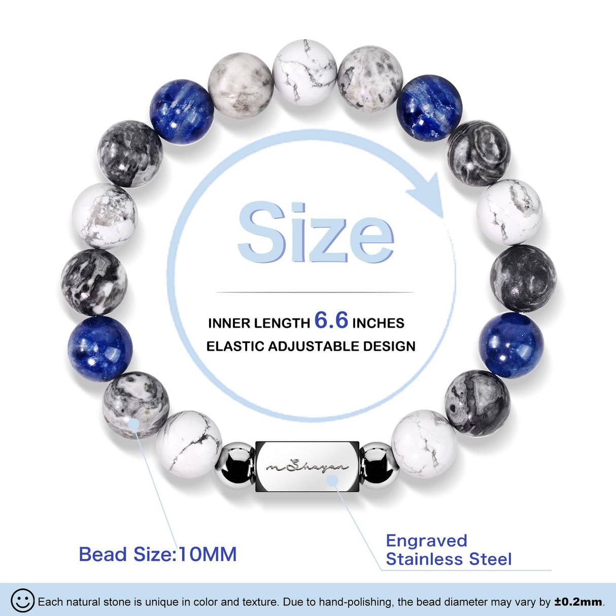 Howlite Natural Gemstone Bracelet for Men, Map Gemstone and Blue Vein Gemstone for Teens Gifts, 10MM Men's Elastic Adjustable Beaded Bracelets for Men, Handcrafted Gifts For Anniversary,Christmas.