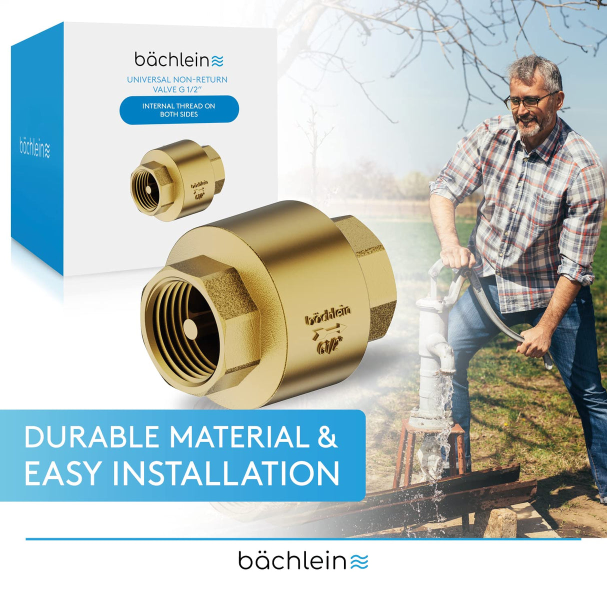 Bächlein Universal Non-Return Valve - Brass Non-Return Valve with G1/2 Inch Female Thread on Both Sides - Stainless and Watertight Non-Return Valve for a Safe Drinking Water System