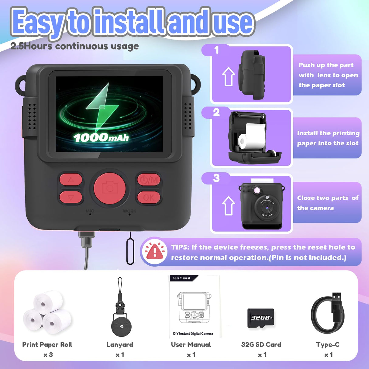 ESOXOFFORE Kids Camera Instant Print, Christmas Birthday Gifts for Kids Age 3-12, Selfie Digital Camera with 1080P Videos,Toddler Portable Travel Cameras Toy for 4 5 6 7 8 9 Year Old Boys Black