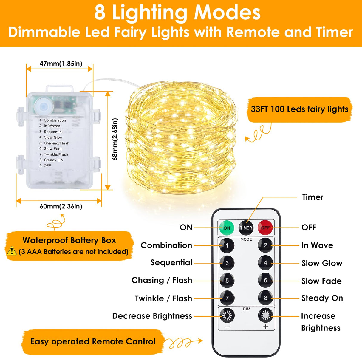Mlambert 6 Pack 33FT Fairy Lights Battery Operated with Remote and Timer, Dimmable Waterproof 8 Modes Light for Bedroom Dorm Christmas-Warm White