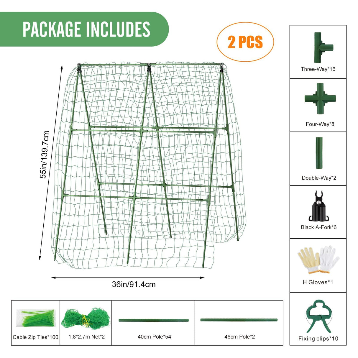 2PCS Cucumber Trellis for Climbing Plants Outdoor, Garden Trellis for Raised Bed Garden,Vegetable Grow Supports with Climbing Net for Tomato Bean Squash, Grape Zucchini (2PCS)