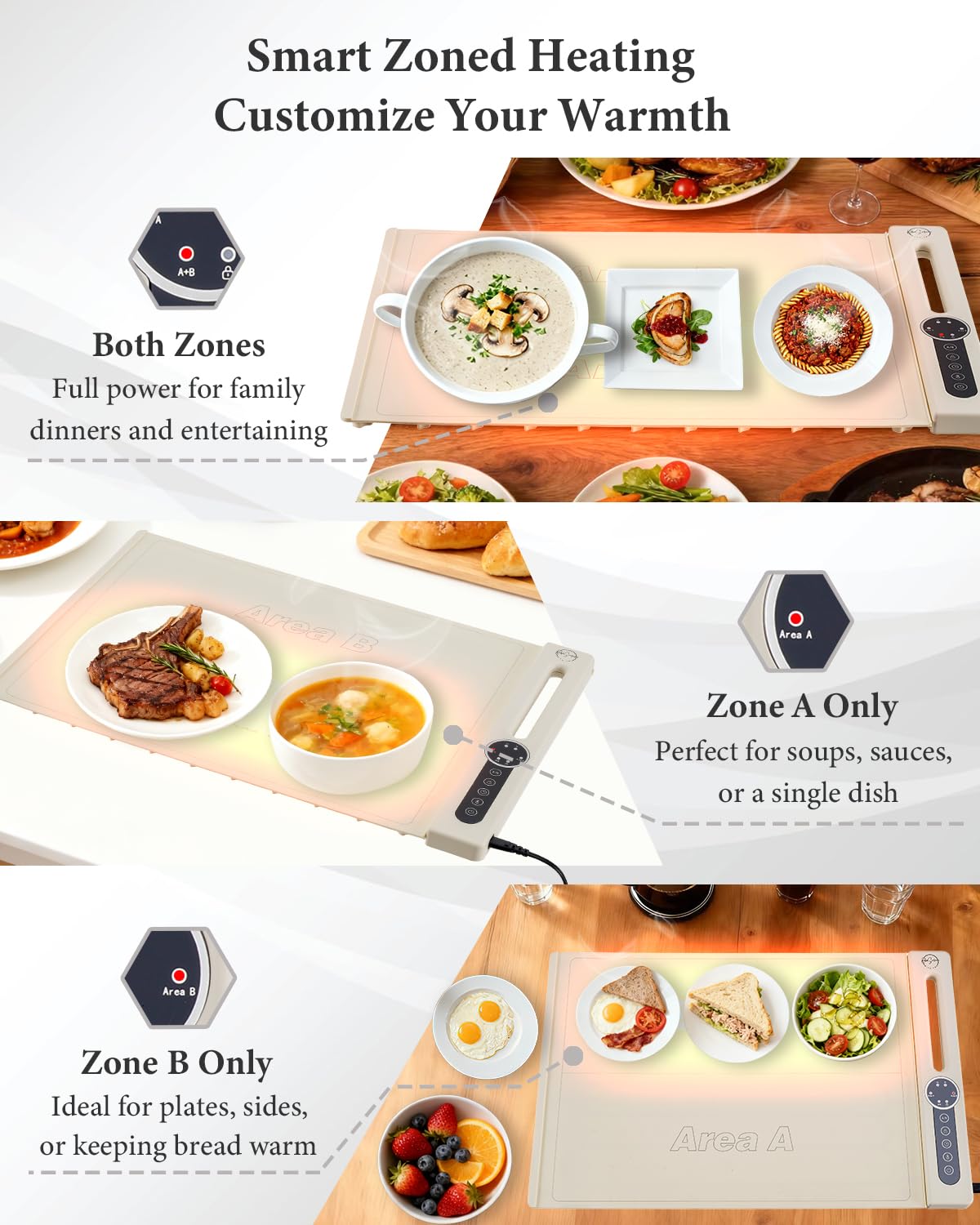 KokoSelene Food Warming Mat, Dual-Zone Heating Mat for Food with 7 Temp & Timer, 10s Fast Heat Flexible Silicone Warmer for Home, Parties, Buffet Serving (Cream-2 PCS)