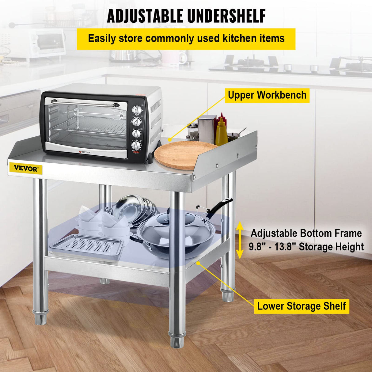 VEVOR Stainless Steel Equipment Grill Stand, 24 x 24 x 26 Inches Stainless Table, Grill Workstations with Adjustable Storage Undershelf, Equipment Stand Grill Table for Hotel, Home, Restaurant Kitchen
