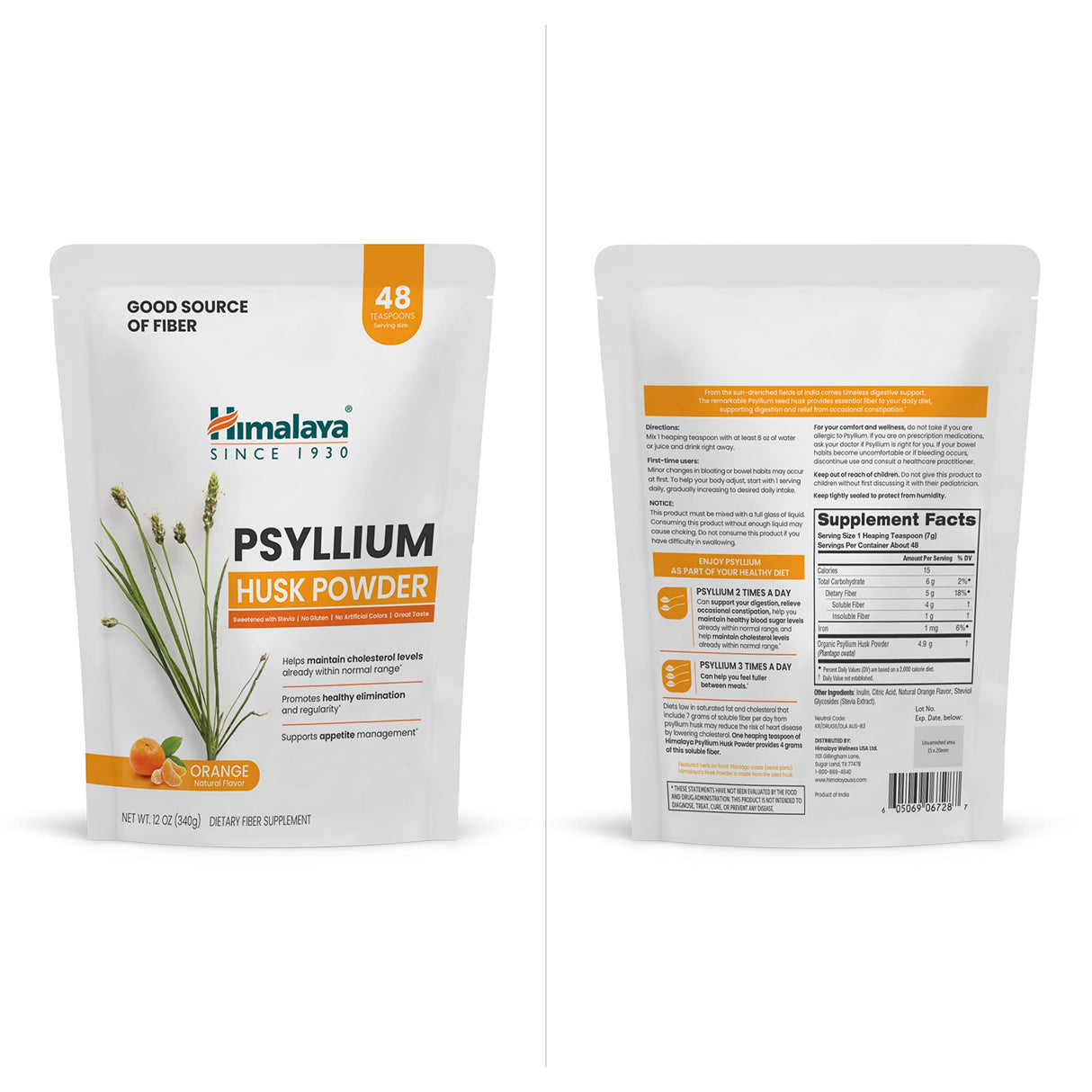 Himalaya Psyllium Husk Powder, Orange, 48 Servings - Daily Fiber Supplement for Supporting Digestive Health and Regularity - Vegan, Non-GMO, Sugar Free, Gluten Free, 12 oz (340 g)