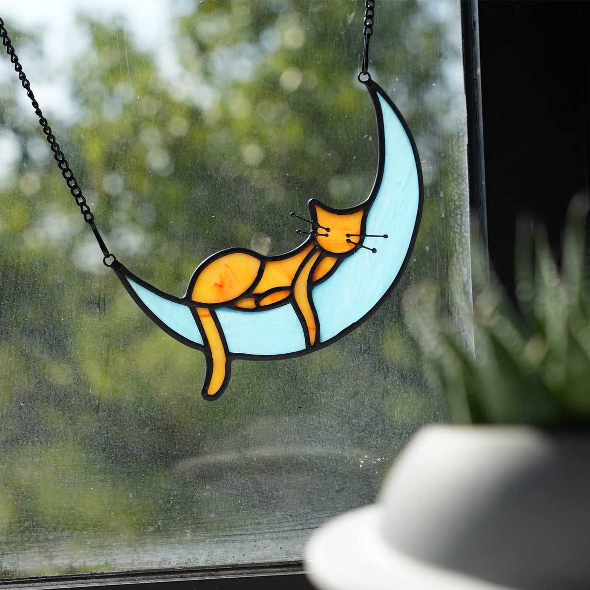 BOXCASA Orange Cat Suncatchers Handcrafted Stained Glass Window Hanging - Moon Phase Memorial Gifts for Cat Lovers,Birthday,Christmas Day, for Women,Mom