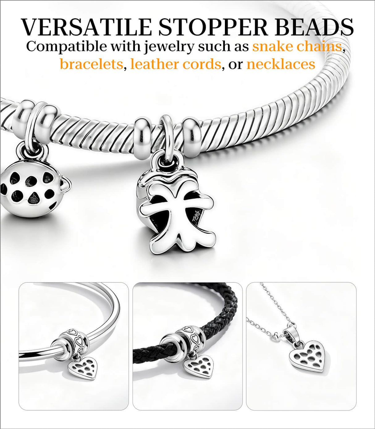 GW Stopper Charms 925 Sterling Silver Round Rondelle Spacer Beads for Charm Bracelets 3mm for Women (10pcs Silver Charm Stopper)