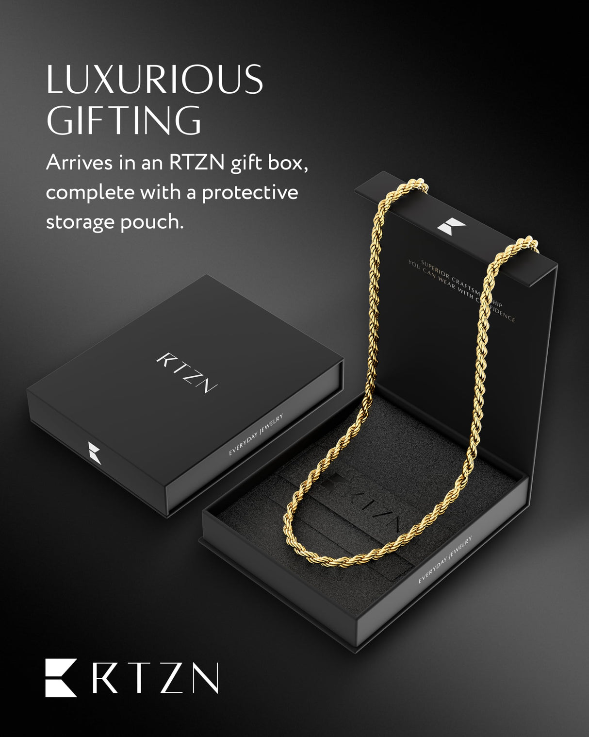 RTZN® Rope Chain for Men – 4mm 18K Gold Mens Rope Chain – Premium Stainless Steel Necklace for Men – Non-Tarnish & Waterproof Gold Mens Chain Necklaces (20'' Inches)