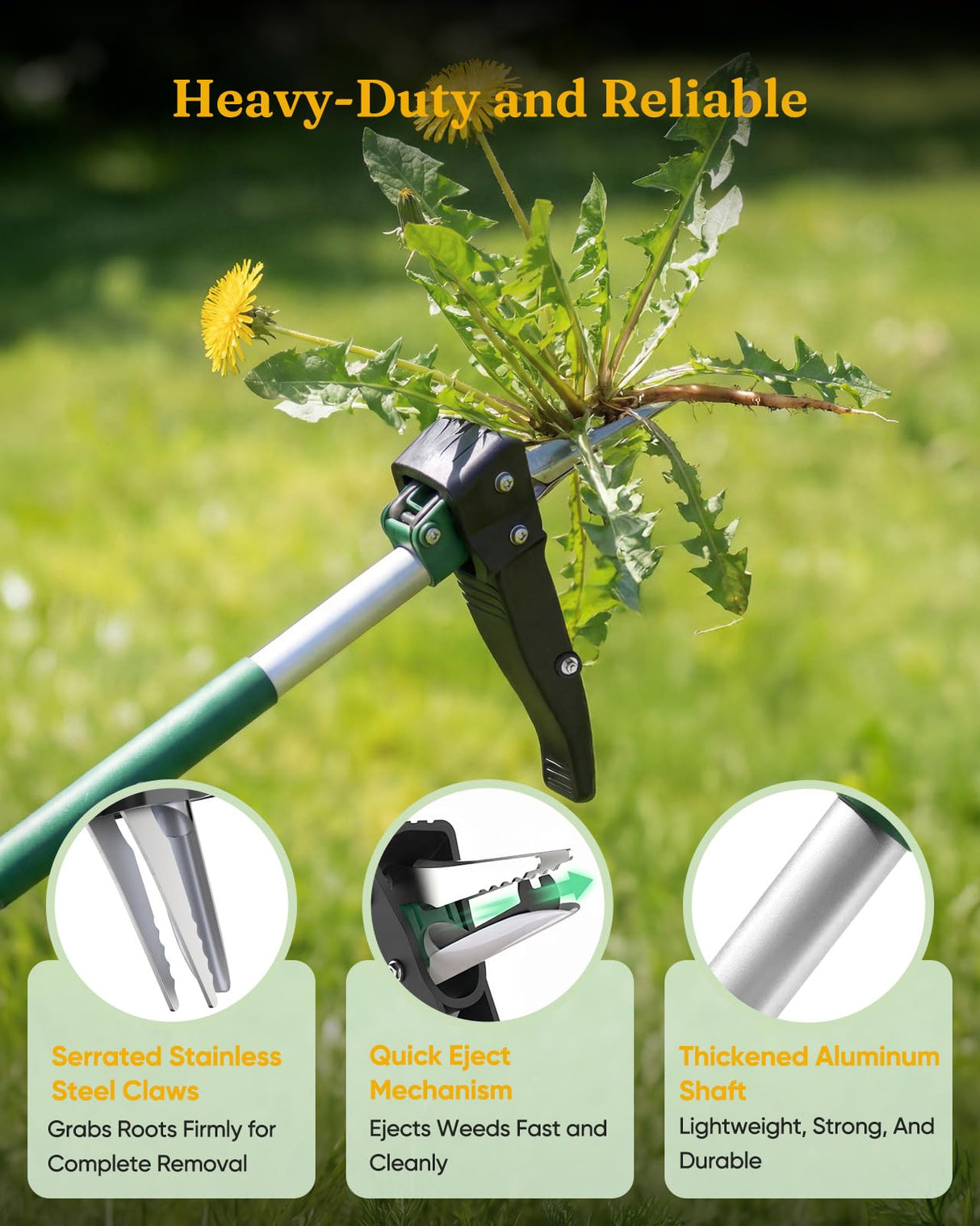 Grenebo Stand Up Weed Puller Tool, Claw Garden Weed Removal Tool with Eject Mechanism, Heavy-Duty Manual Weeder, Root Weed Remover Tool for Dandelion, Crabgrass & Weeds, Without Bending, or Kneeling
