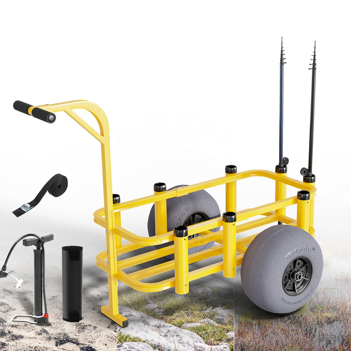Bonnlo Fishing Cart, Beach Wagon with 13" Big Wheels for Sand, Beach Cart, 300 lbs Load Capacity, 8 Fishing Rods Holders, Mesh Bag, Hand Pump