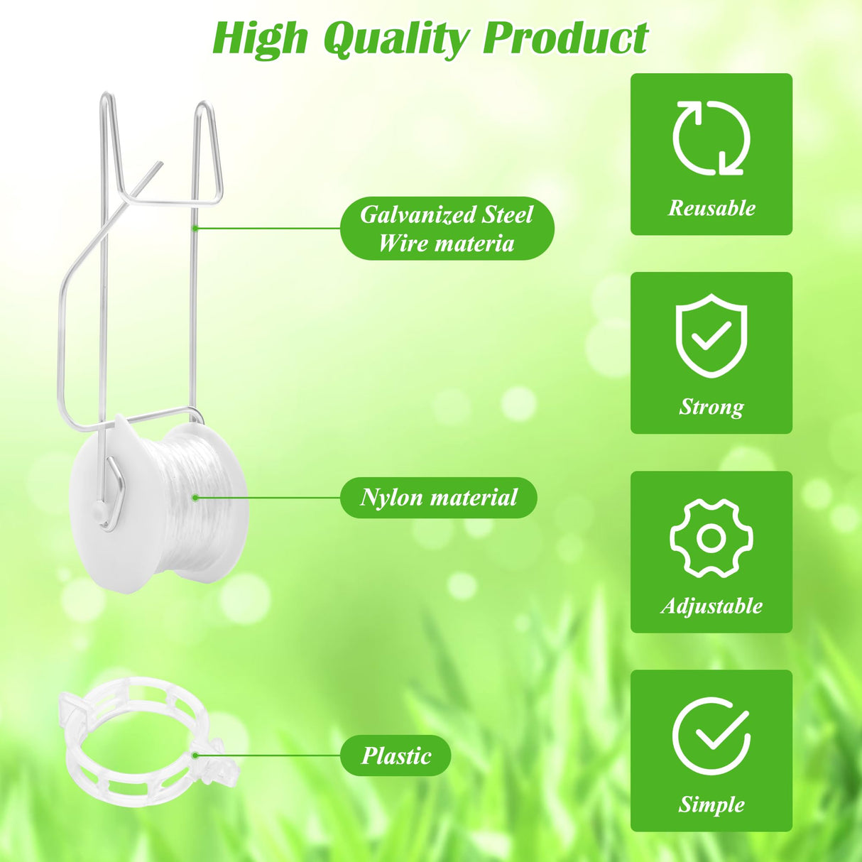 24+240P Tomato Roller Hooks with 49.2FT String and Tomato Trellis Clips, Pletpet Roller Hooks for Tomatoes Trellis Roller Hooks with Twine for Vine Plant Twine Crop